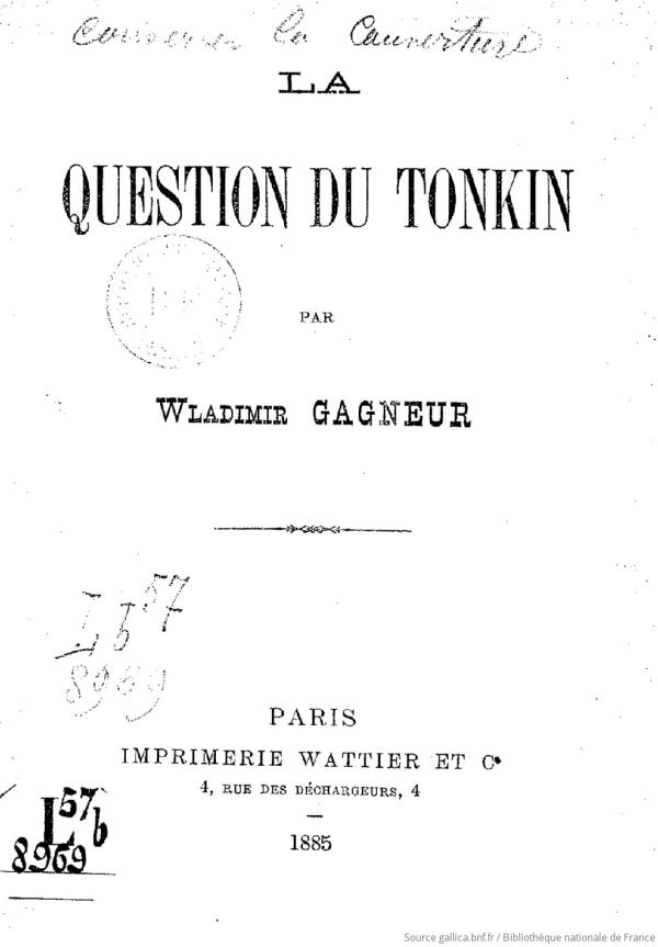 Trang bìa cuốn “Vấn đề Bắc Kỳ” của W. Gagneur