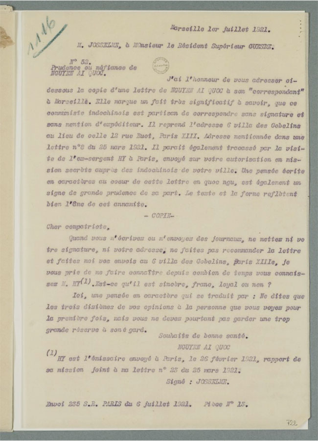 Một báo cáo của mật thám Pháp về Nguyễn Ái Quốc ngày 1 tháng 7 năm 1921