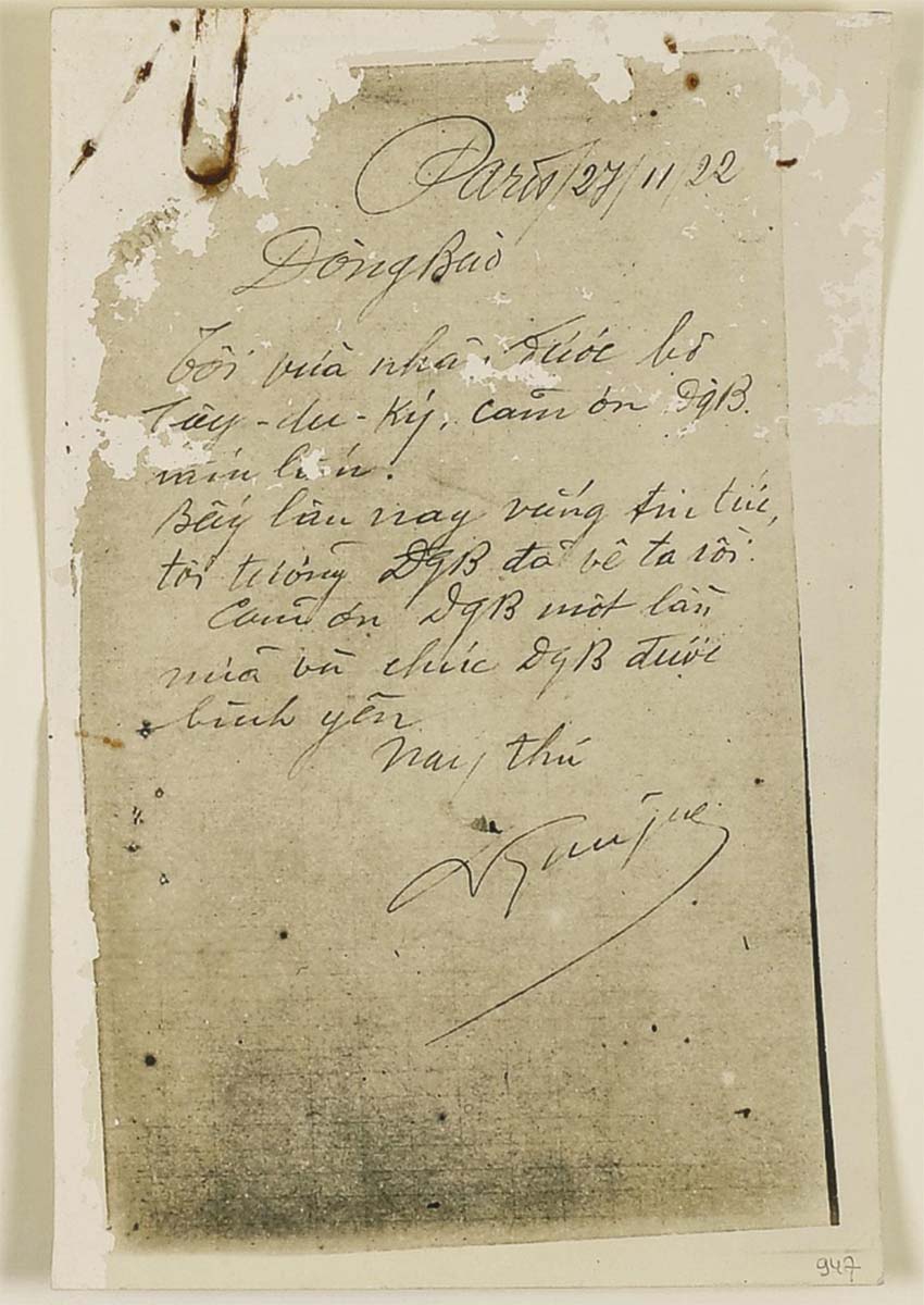 Một bức thư viết tay của Bác được mật thám Pháp lưu trữ