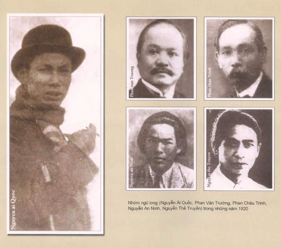 Chân dung Nguyễn Ái Quốc (trái) và một số nhà hoạt động cách mạng Việt Nam được mật thám Pháp đặt tên là “Nhóm Ngũ long” và lập hồ sơ theo dõi.