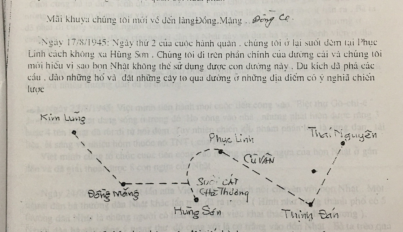 Đoạn tài liệu nói về đường đi của Đội Con Nai. Địa danh “Kim Lũng” là tên cũ của xã Tân Trào.