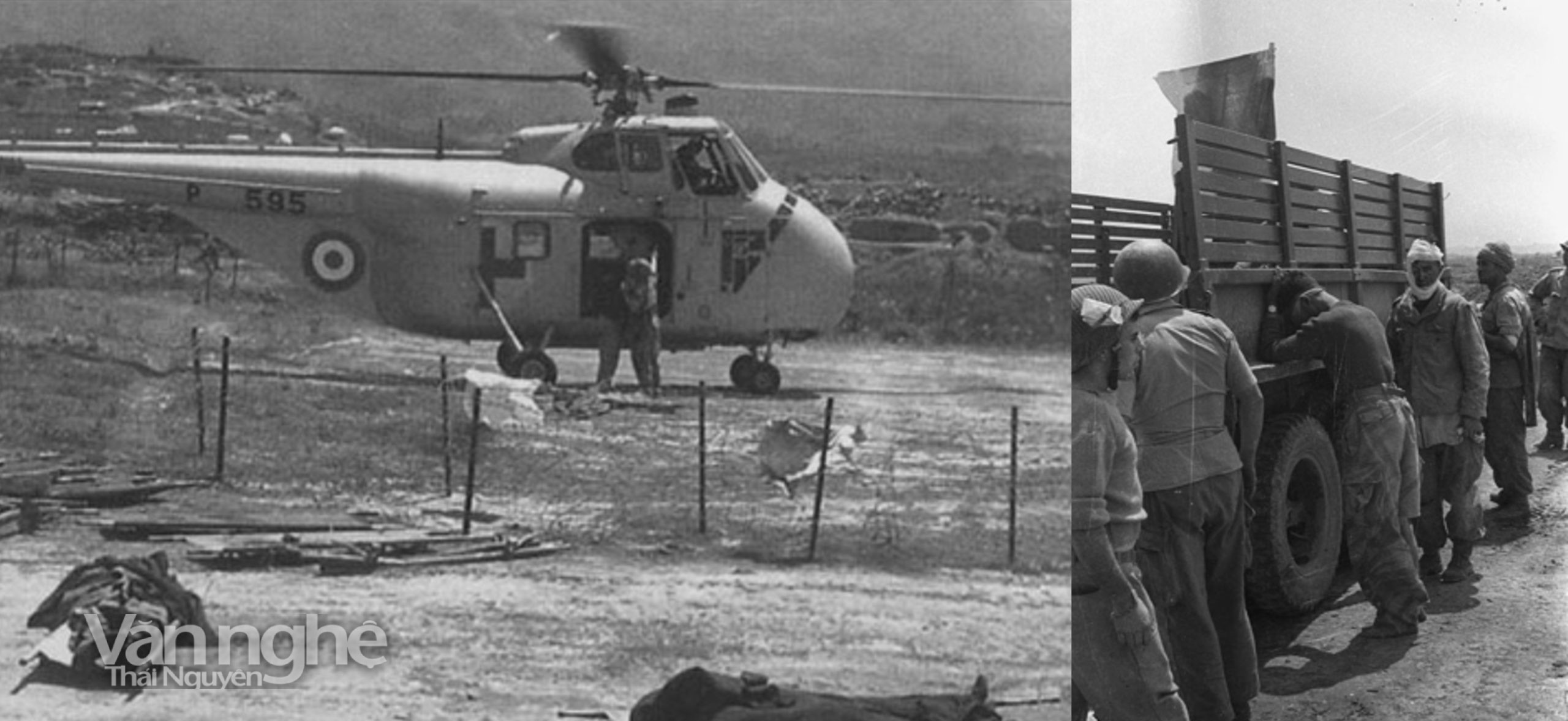 Sơ tán y tế bằng trực thăng (trái), những người bị thương chờ máy bay y tế (phải)