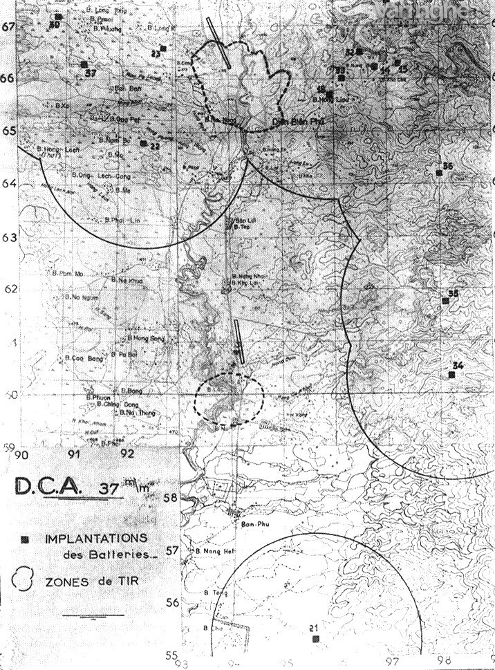 Bản đồ các vị trí đặt DCA của Việt Minh xung quanh Điện Biên Phủ được chuyển cho phi công Pháp vào tháng 4 năm 1954