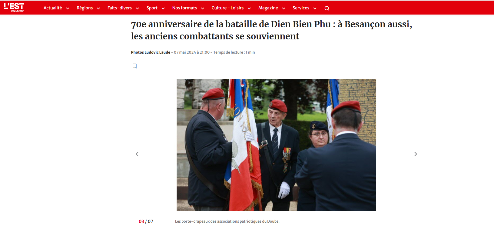 Bài báo trên báo L'Est Républicain về buổi lễ kỷ niệm 70 năm Điện Biên Phủ tại thành phố Besançon, Pháp nơi tác giả đang sinh sống và làm việc