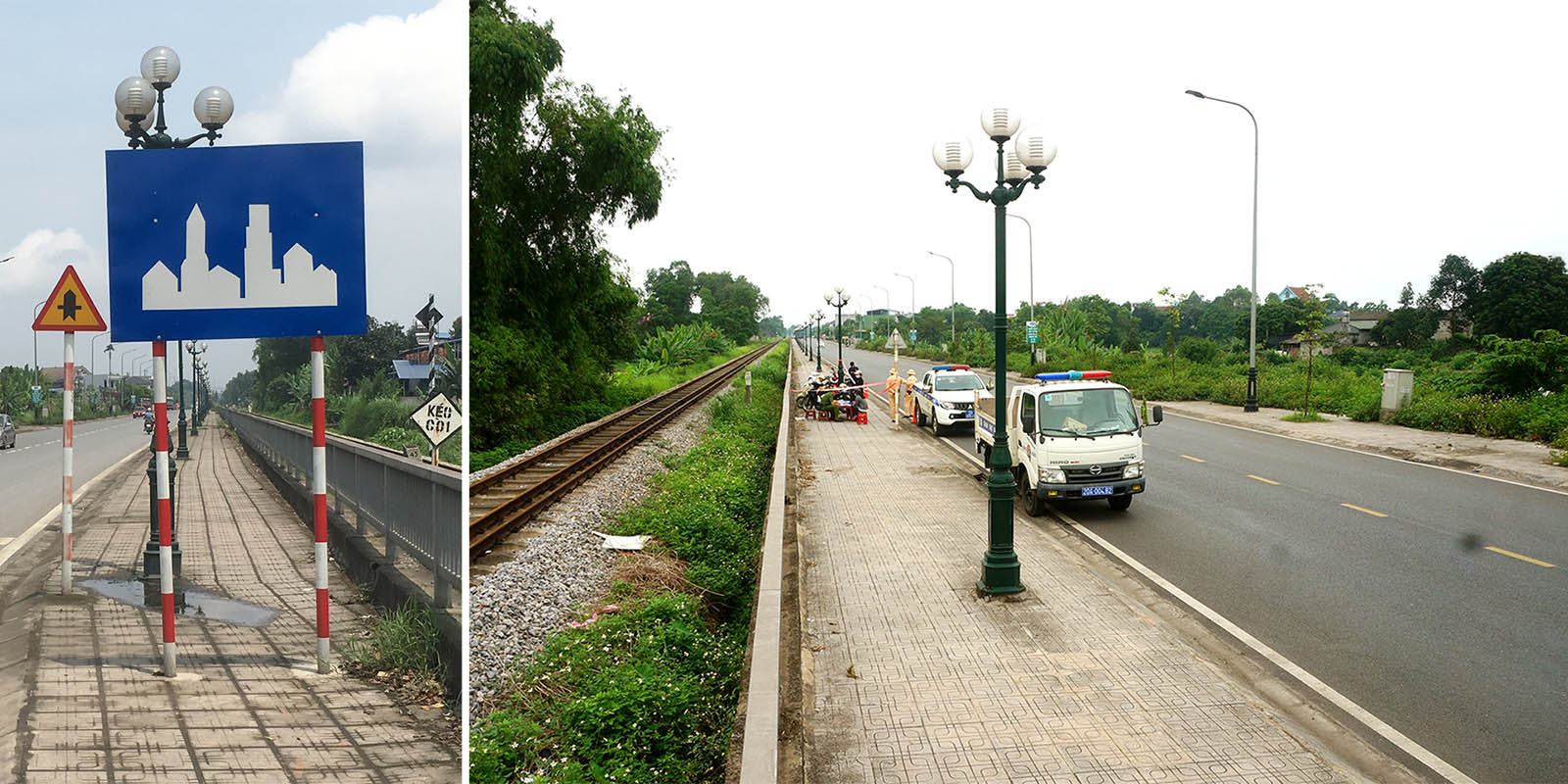 Biển “Bắt đầu khu đông dân cư” (ảnh trái) và chốt kiểm tra tốc độ trên đoạn đường hai bên không có nhà dân (ảnh phải) trên đường Việt Bắc, đoạn qua phường Trung Thành, TP Thái Nguyên