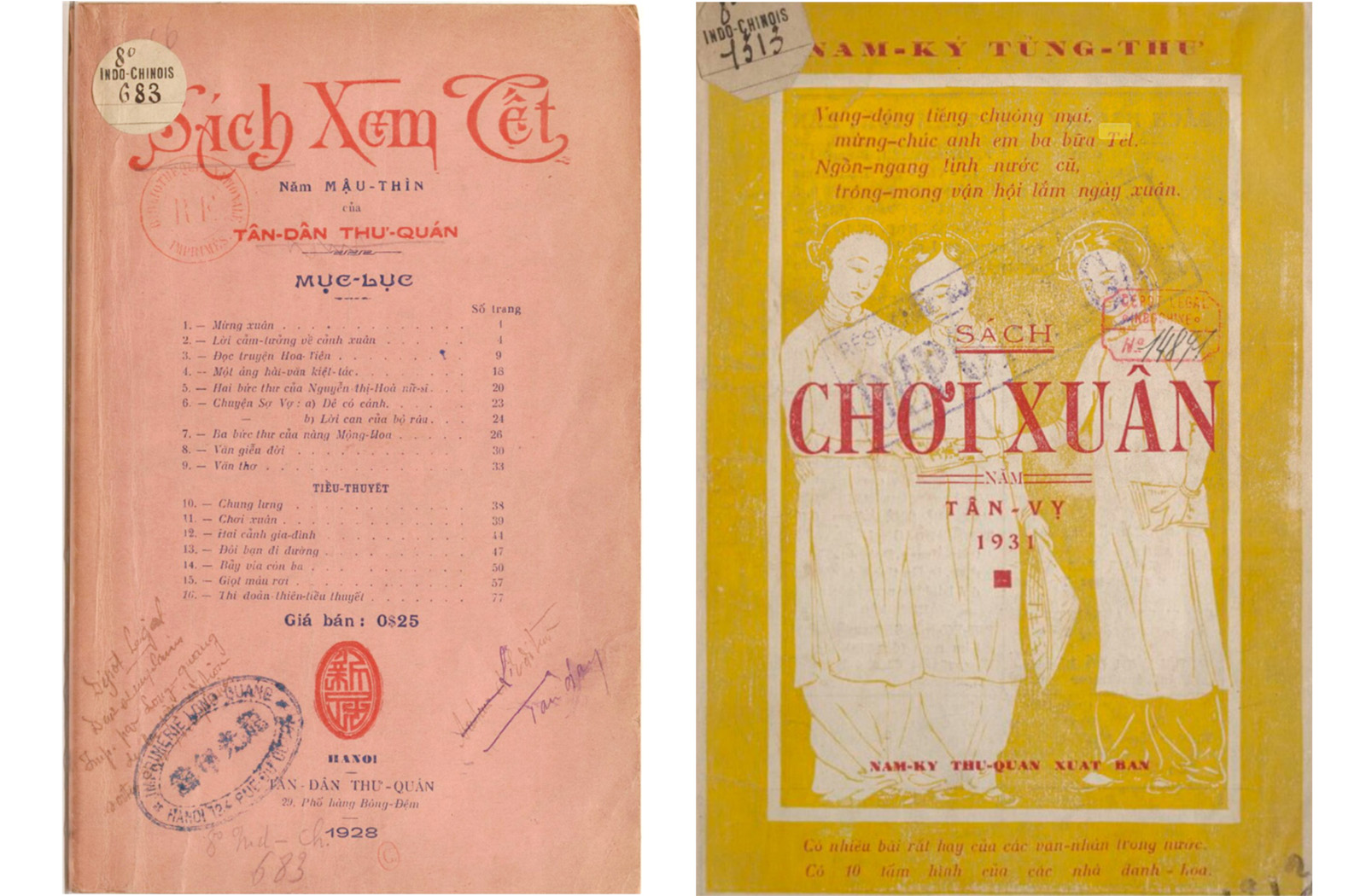 Bìa cuốn “Sách xem tết - Mậu Thìn” của Tân Dân thư quán, 1928 (trái) và “Sách chơi xuân - Tân Vỵ” của, Nam Ký thư quán, 1931 (phải)