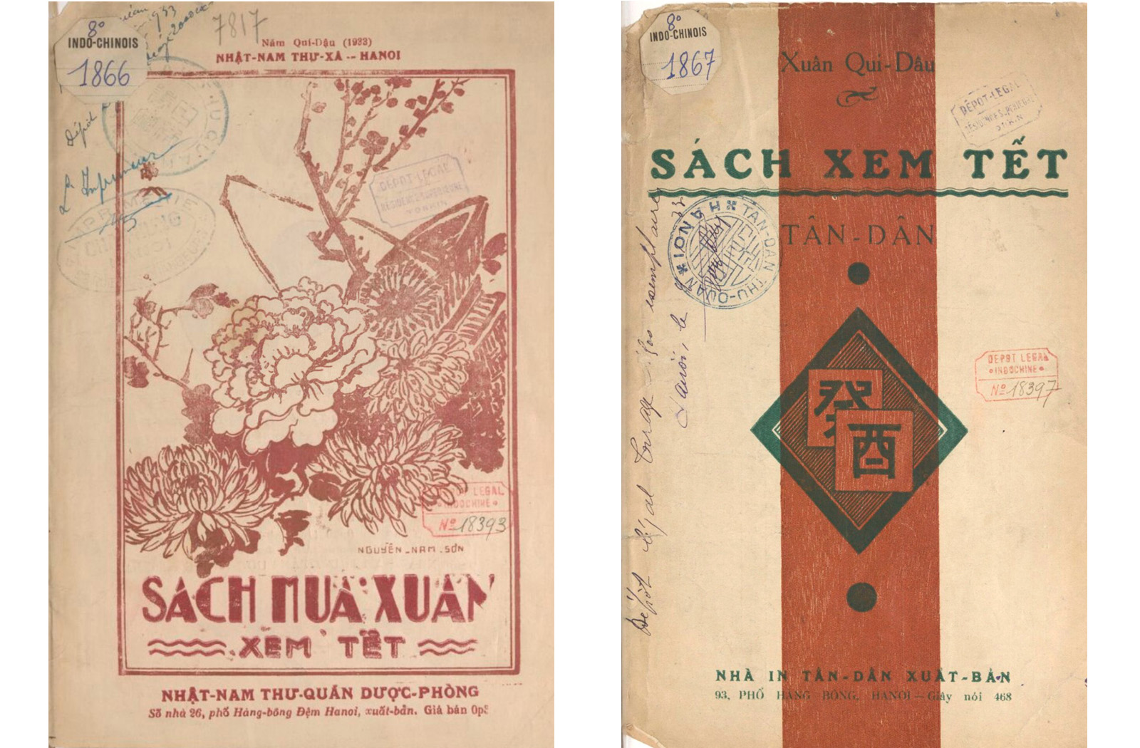 Bìa cuốn “Sách mùa xuân xem tết” của Nhật Nam thư quán Dược Phòng, năm 1933 (trái) và “Sách xem Tết” của Nhà in Tân Dân, 1933 (phải)