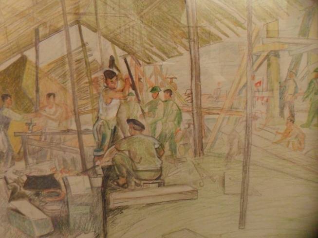 “Bộ đội dựng lán xây cầu”, Ký họa  - 1955