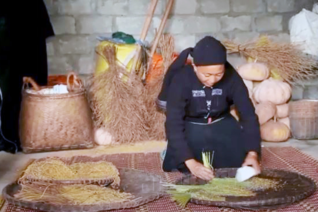 Các cum lúa được tách khỏi bông đem giã thành những hạt gạo mới 
