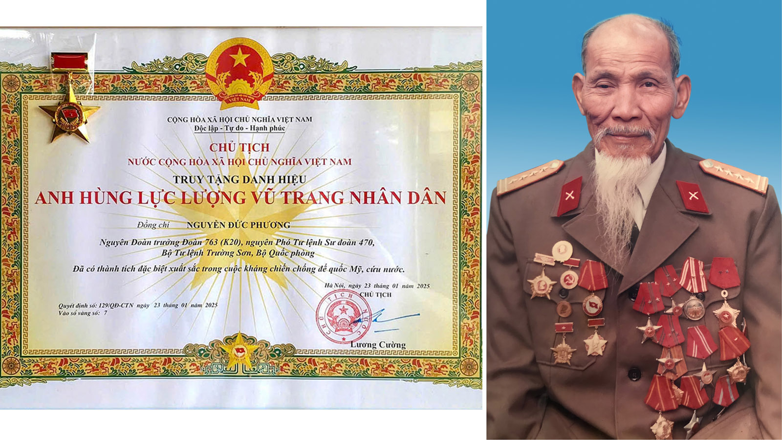 Đại tá Nguyễn Đức Phương (phải) và Bằng công nhận Truy tặng danh hiệu Anh hùng LLVT