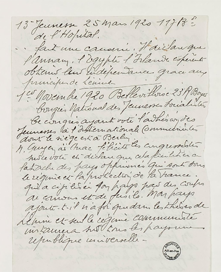 Một bản ghi chép viết tay của mật thám Jean năm 1920